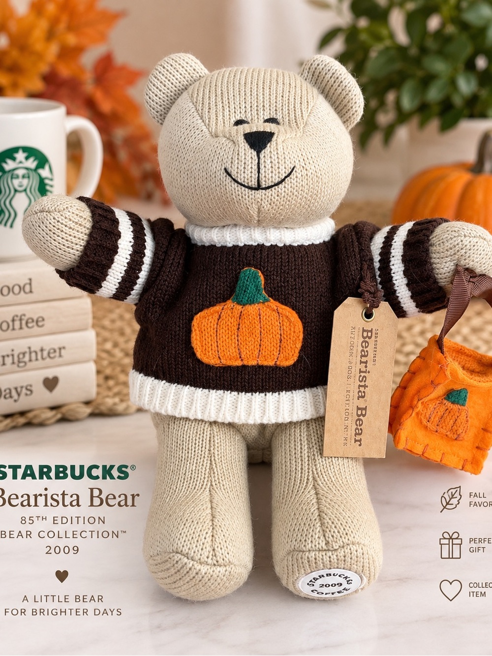 Starbucks Beige Bear Plush with Brown Pumpkin Sweater